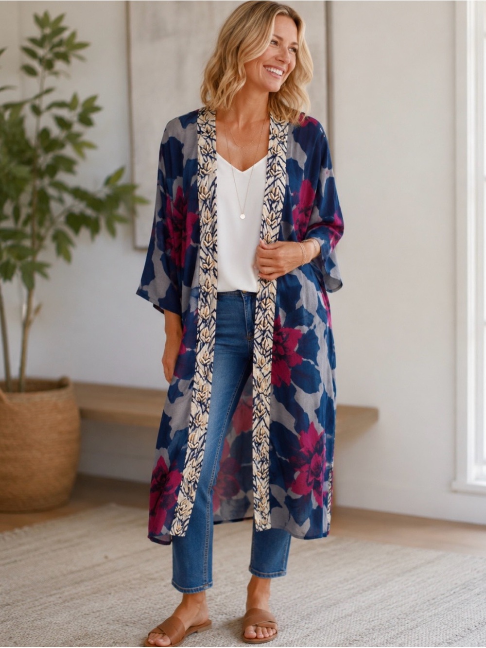 Soft Surroundings Artika Kimono 3/4‎ Sleeve Open Front abstract Topper Sz S/M